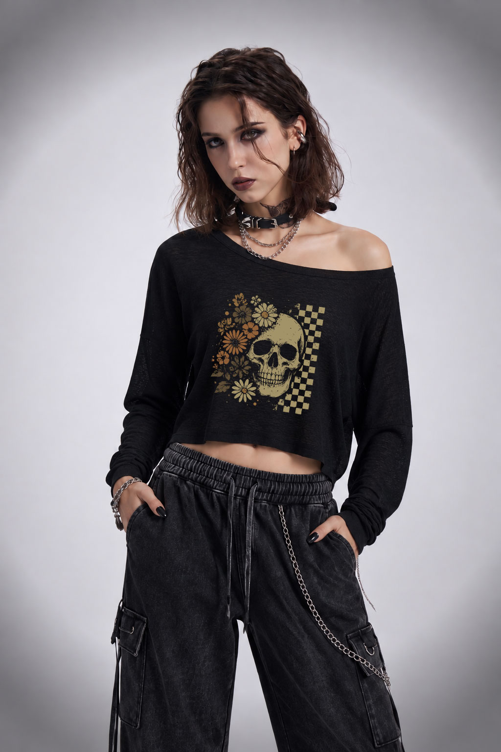 Vintage Skull Lightweight Off Shoulder Long Sleeve Top