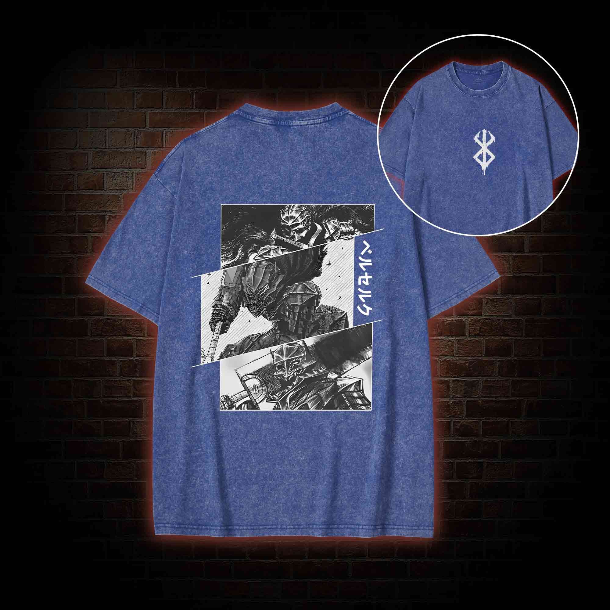 Black Swordsman Back Print Washed T-shirt