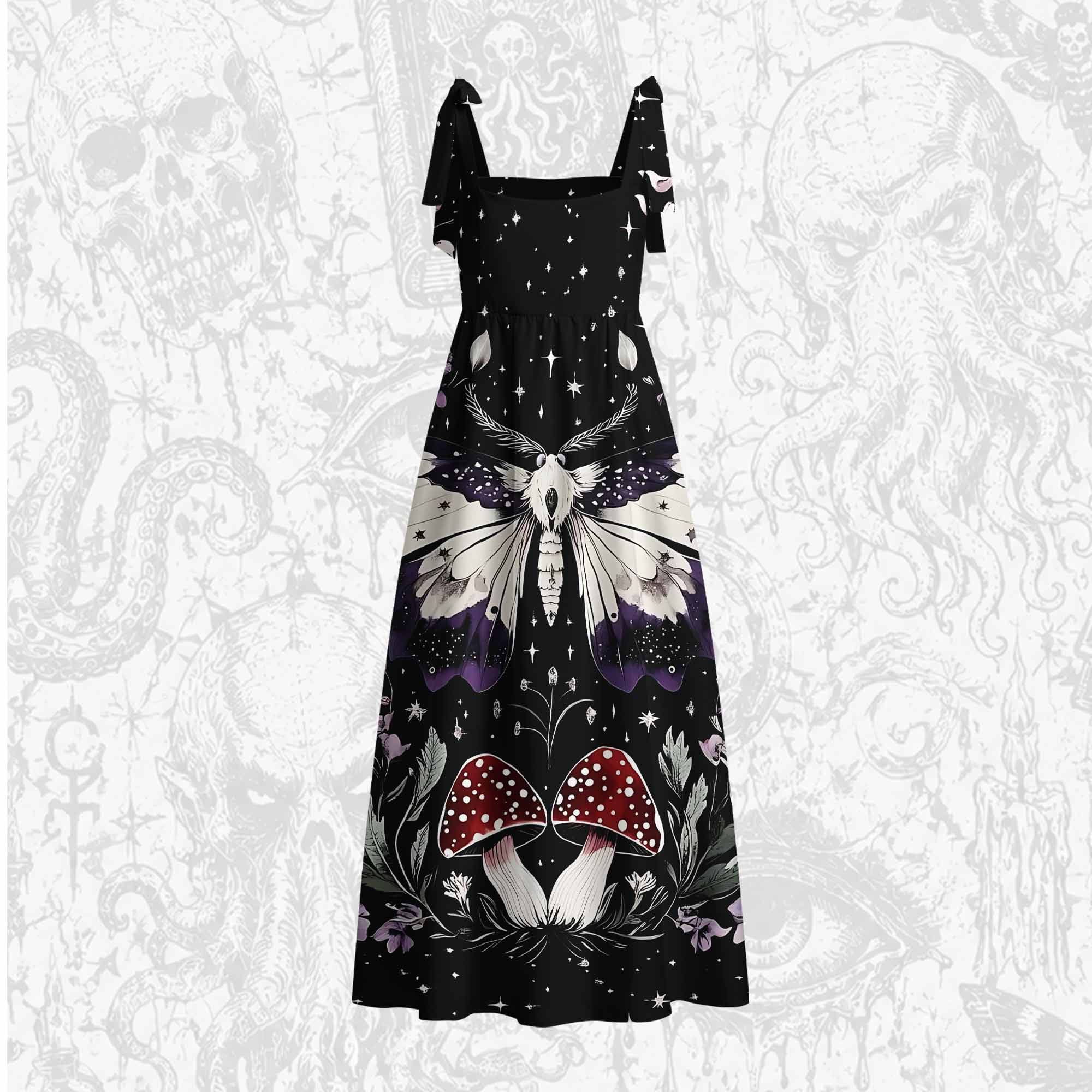 Moth and Mushrooms Tie Shoulder Maxi Dress
