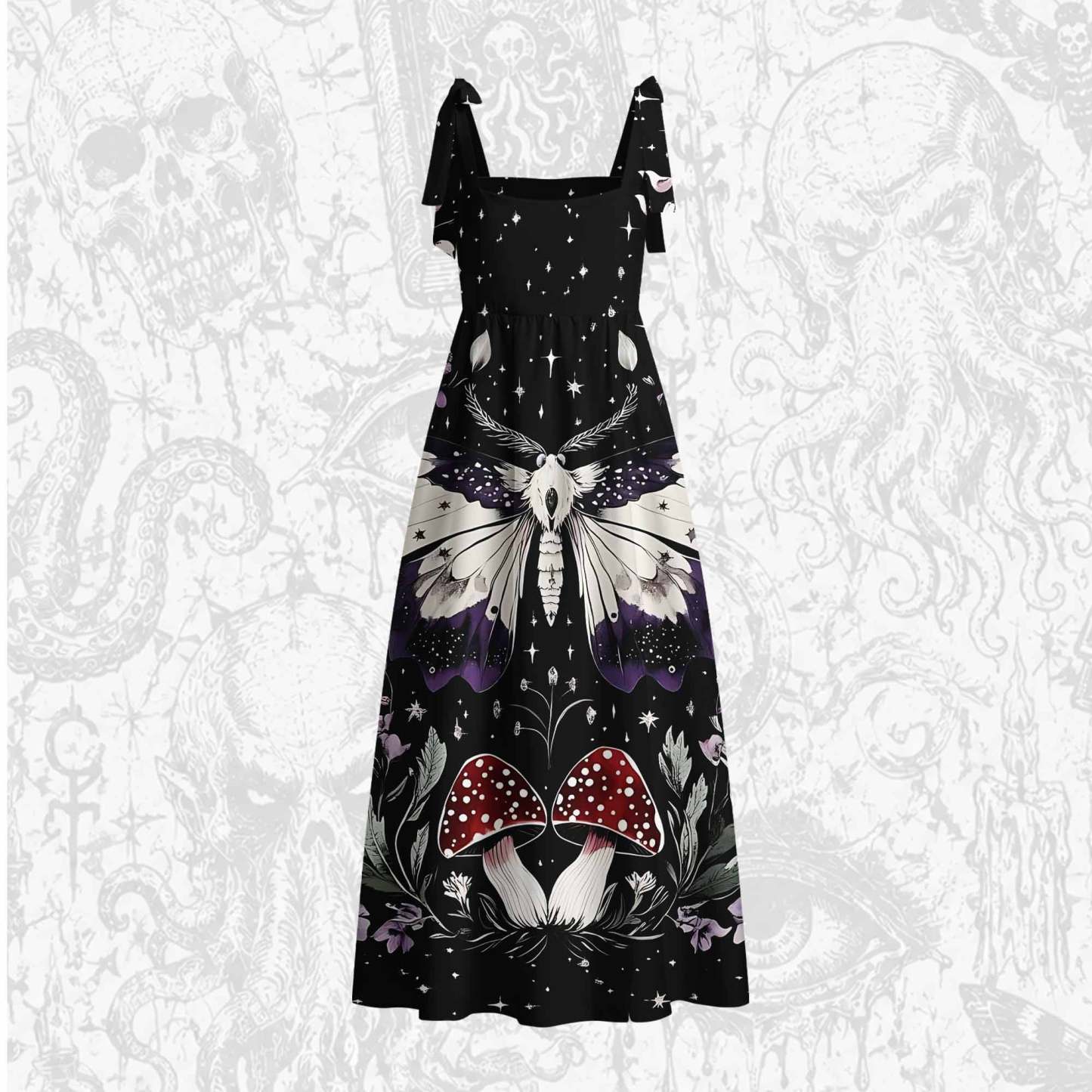 Moth and Mushrooms Tie Shoulder Maxi Dress