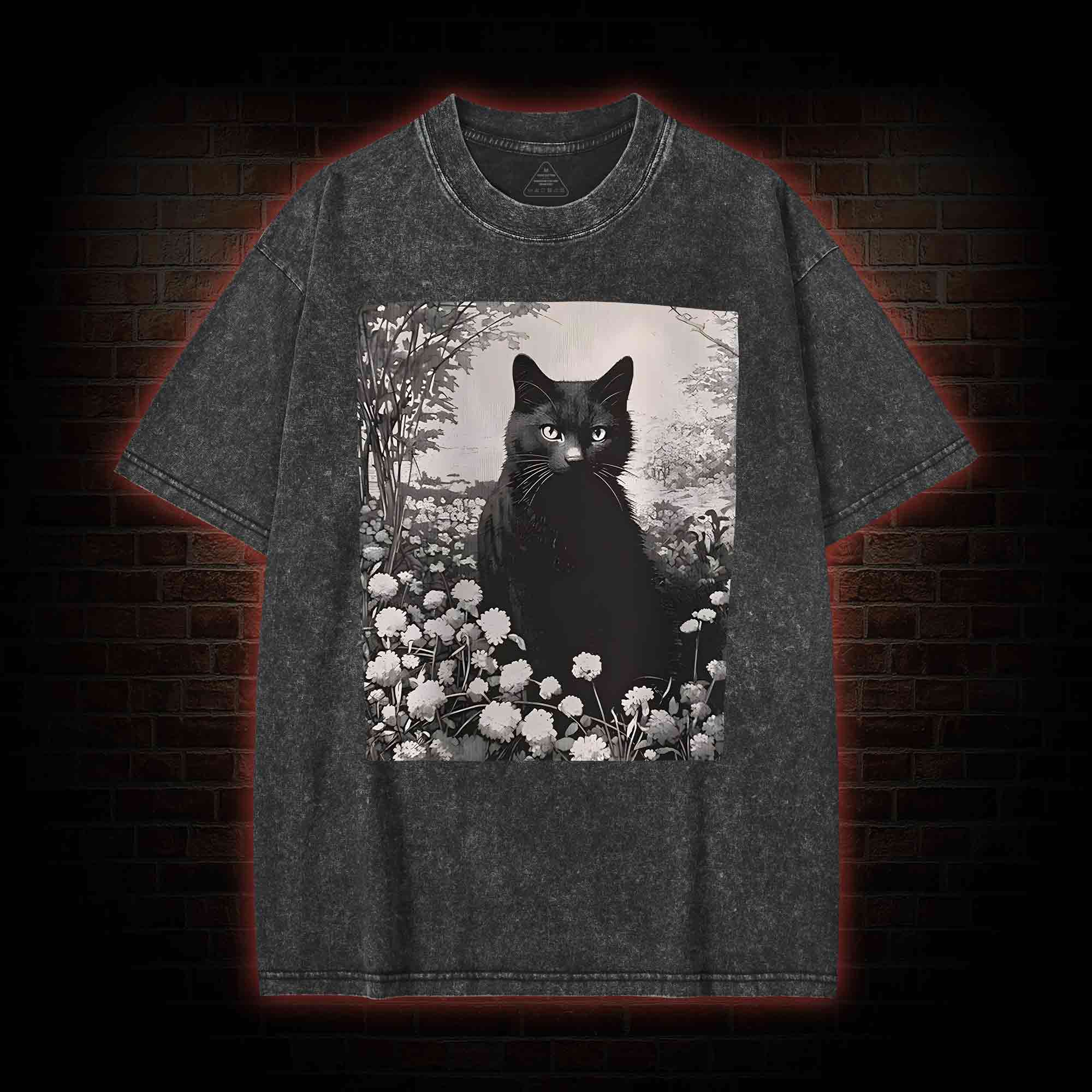Black Cat in Garden Washed T-shirt