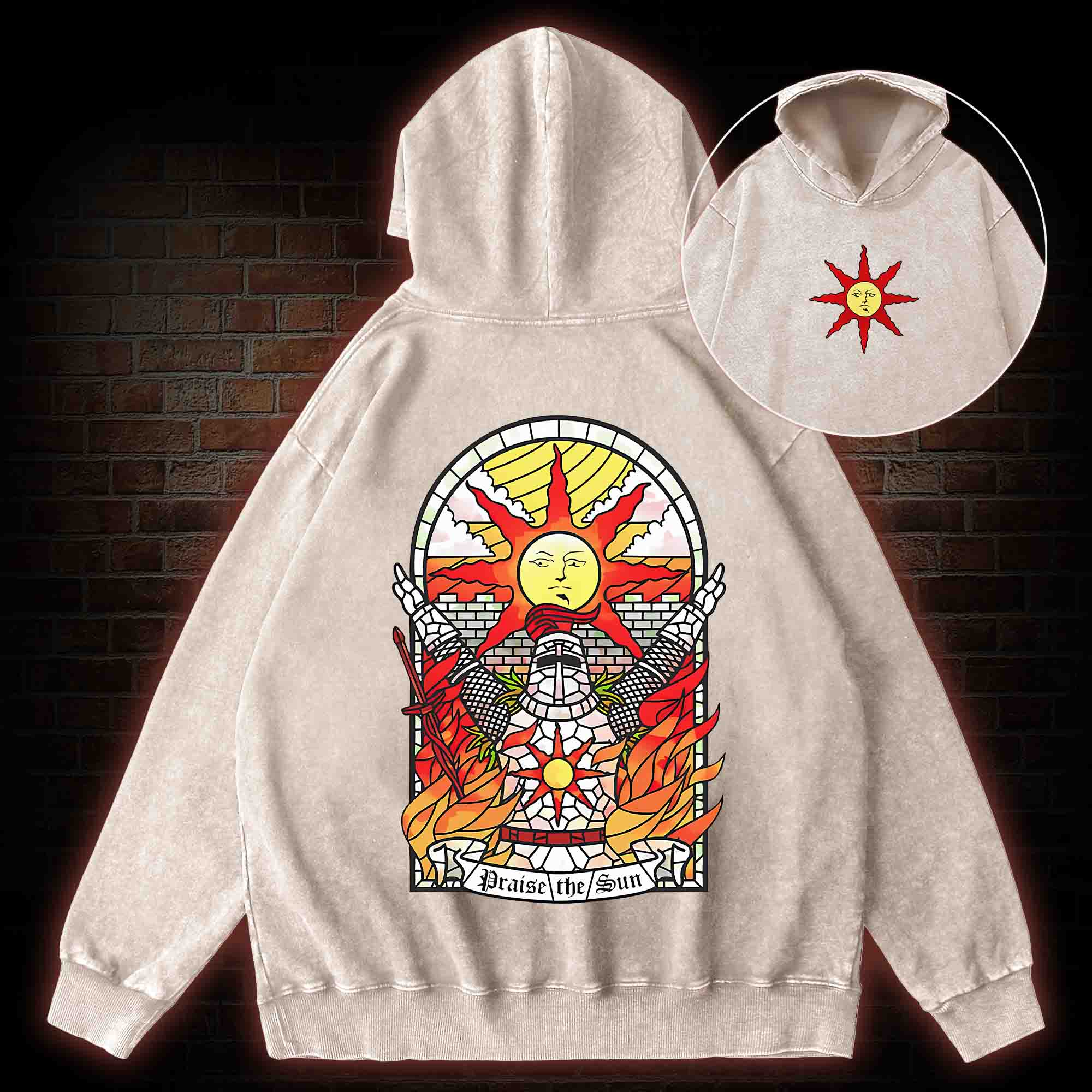 Praise the Sun Back Print Washed Hoodie