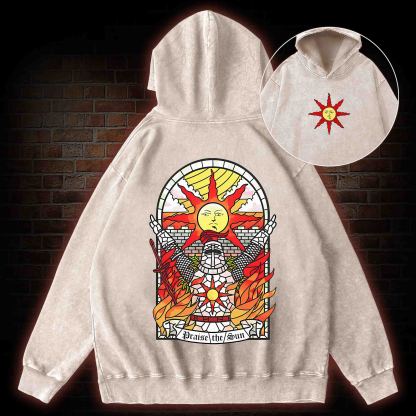Praise the Sun Back Print Washed Hoodie