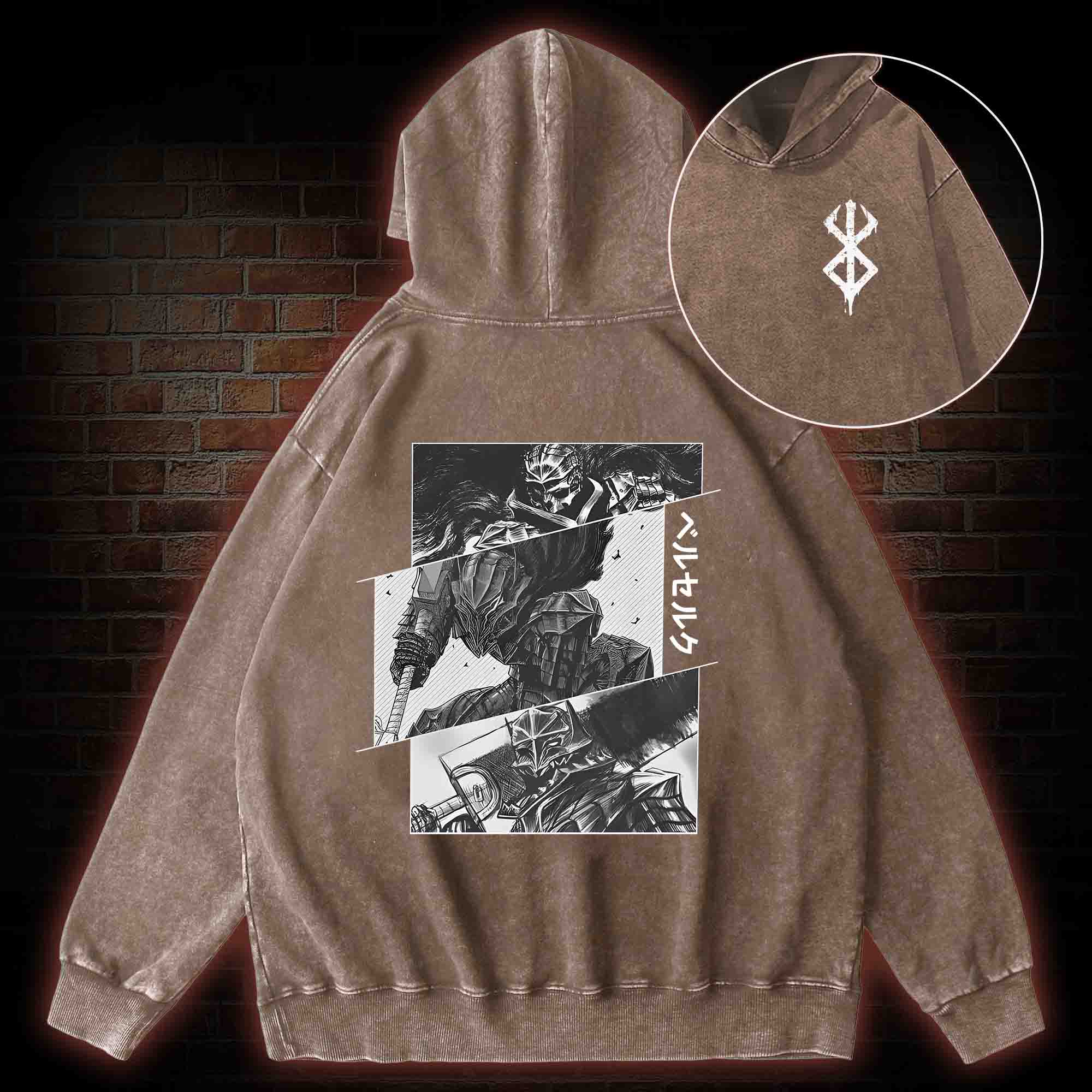 Black Swordsman Back Print Washed Hoodie