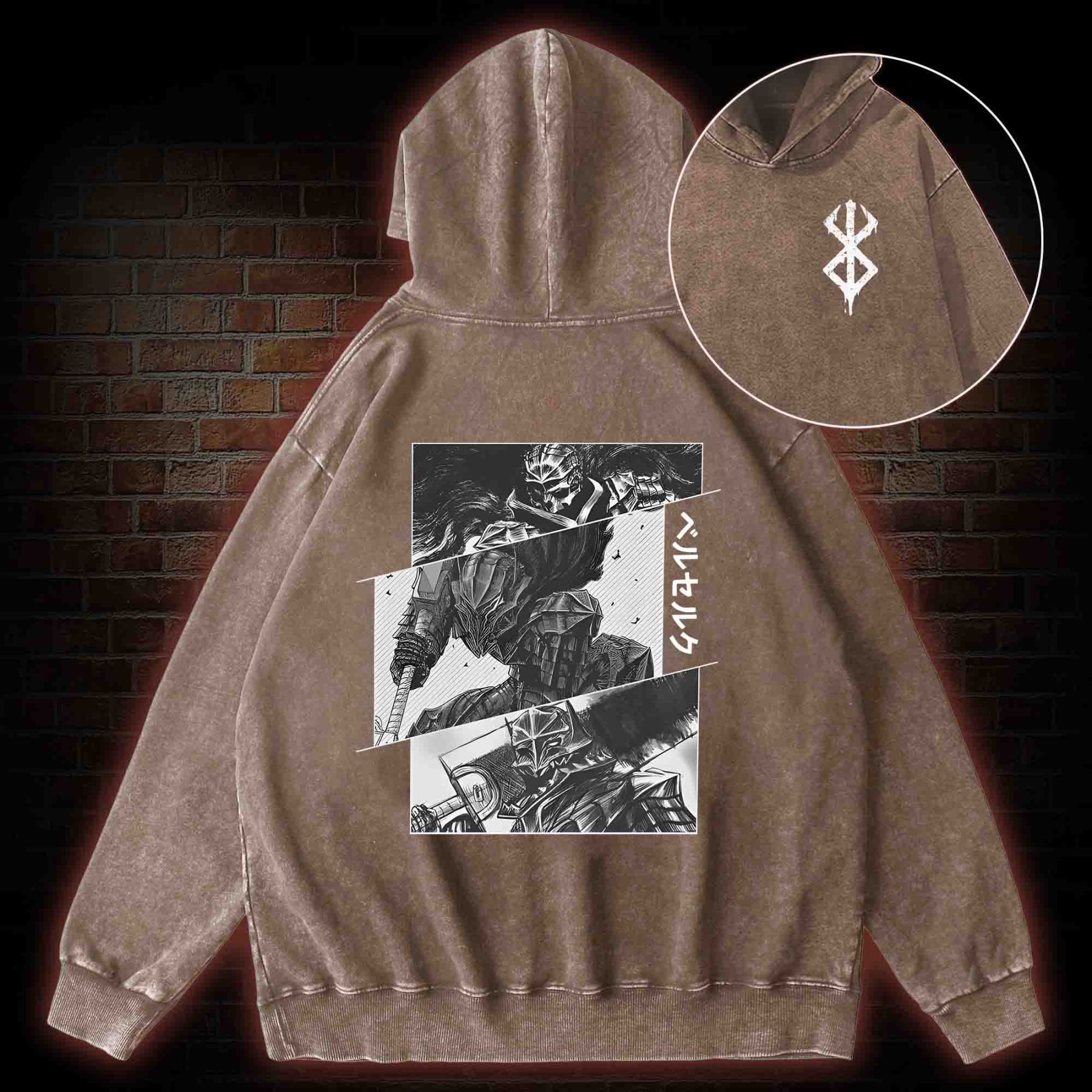 Black Swordsman Back Print Washed Hoodie