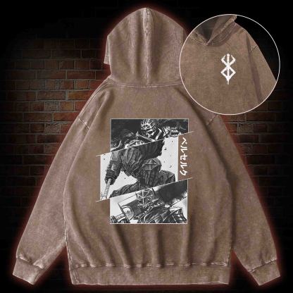 Black Swordsman Back Print Washed Hoodie