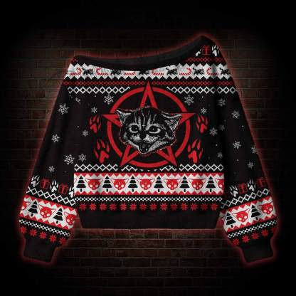 Demon Cat Off Shoulder Ugly Sweater