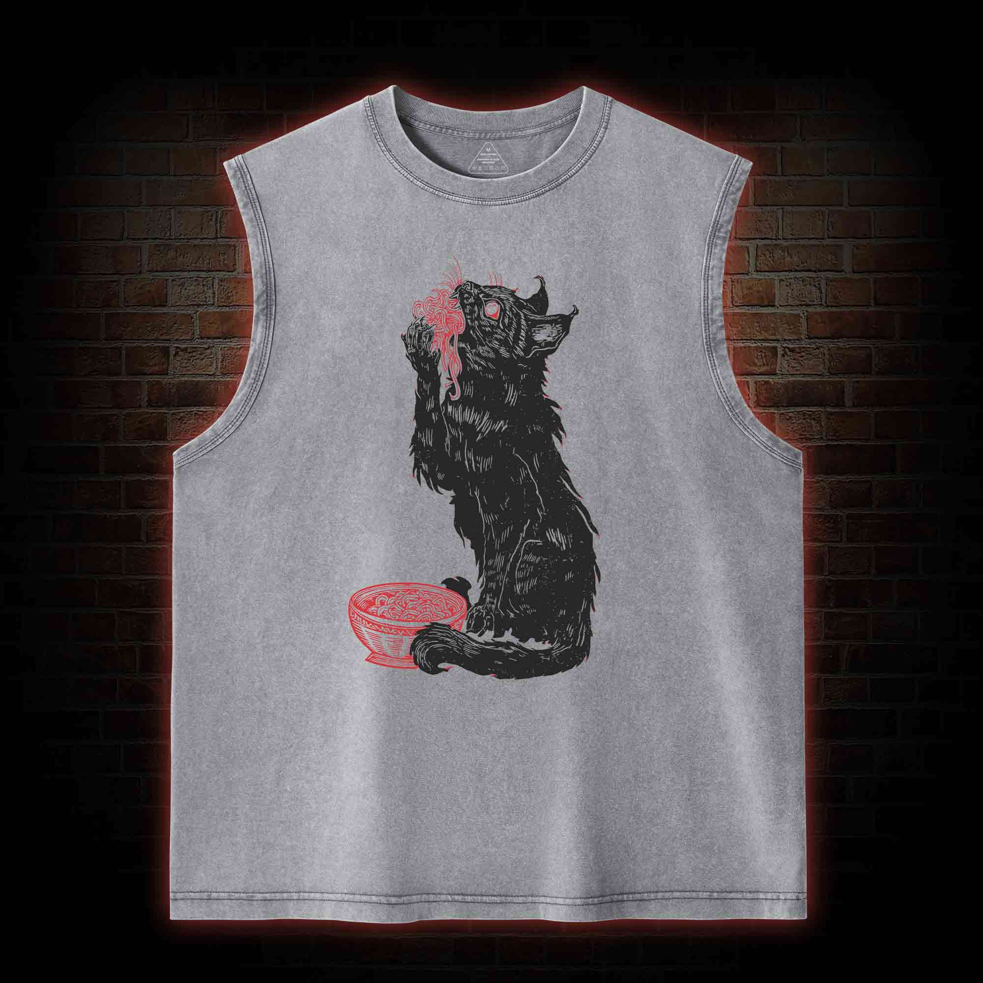 Cat Eating Noodles Washed Tank Top