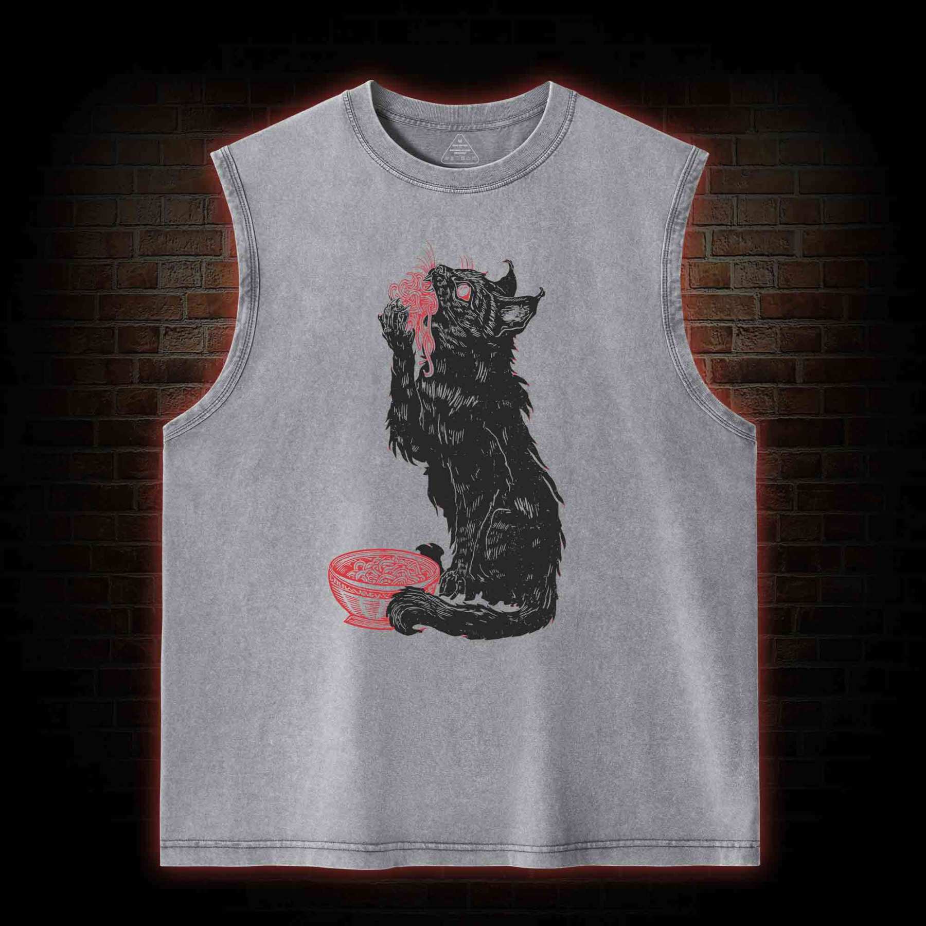 Cat Eating Noodles Washed Tank Top