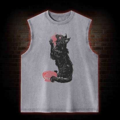 Cat Eating Noodles Washed Tank Top