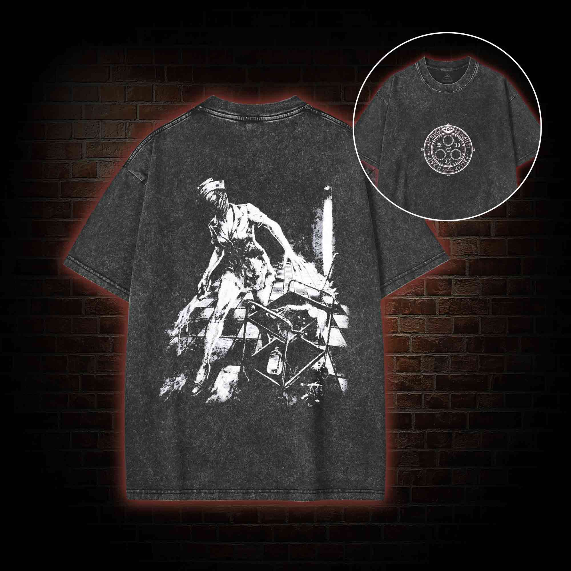 Retro Hello Nurse Back Print Washed T-shirt