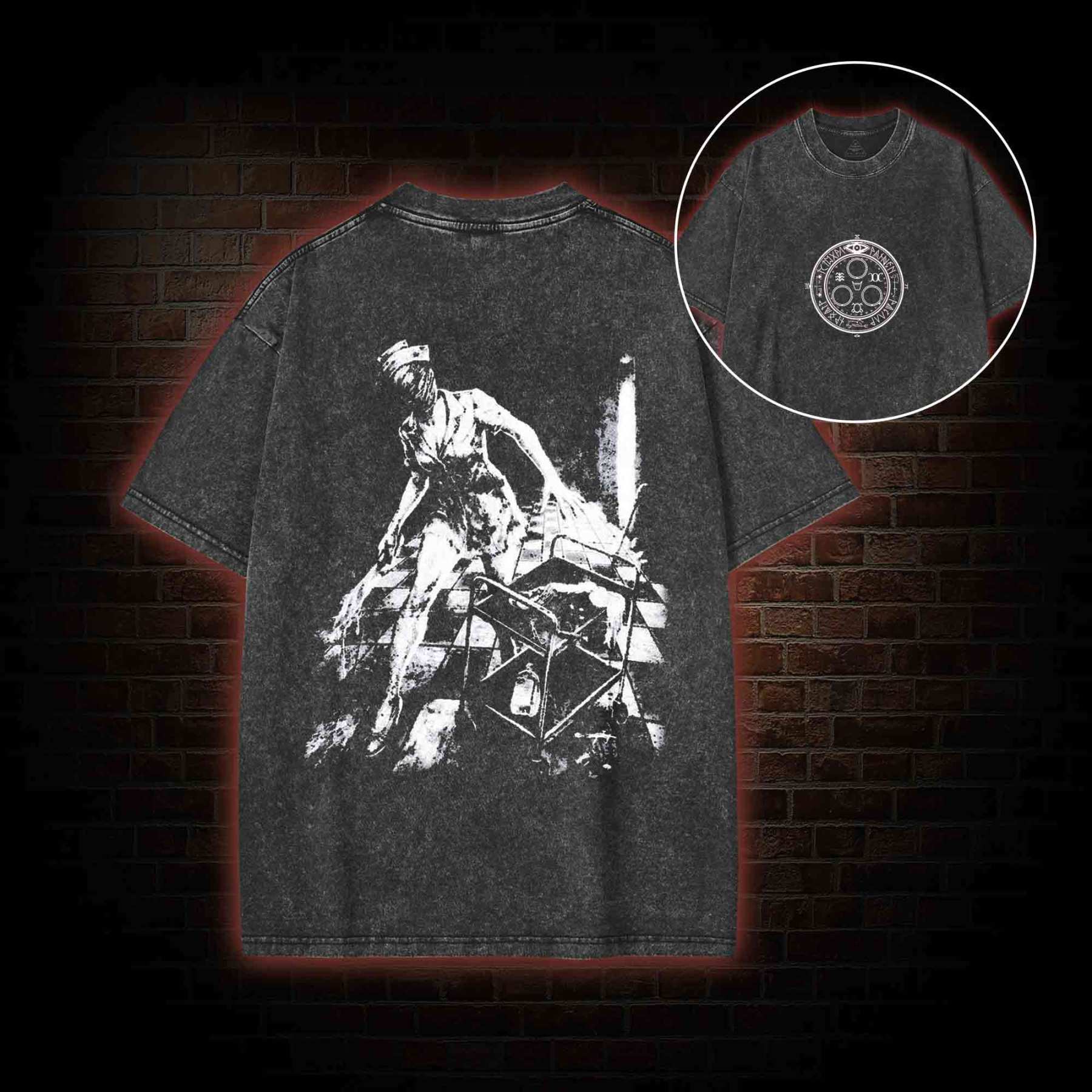 Retro Hello Nurse Back Print Washed T-shirt