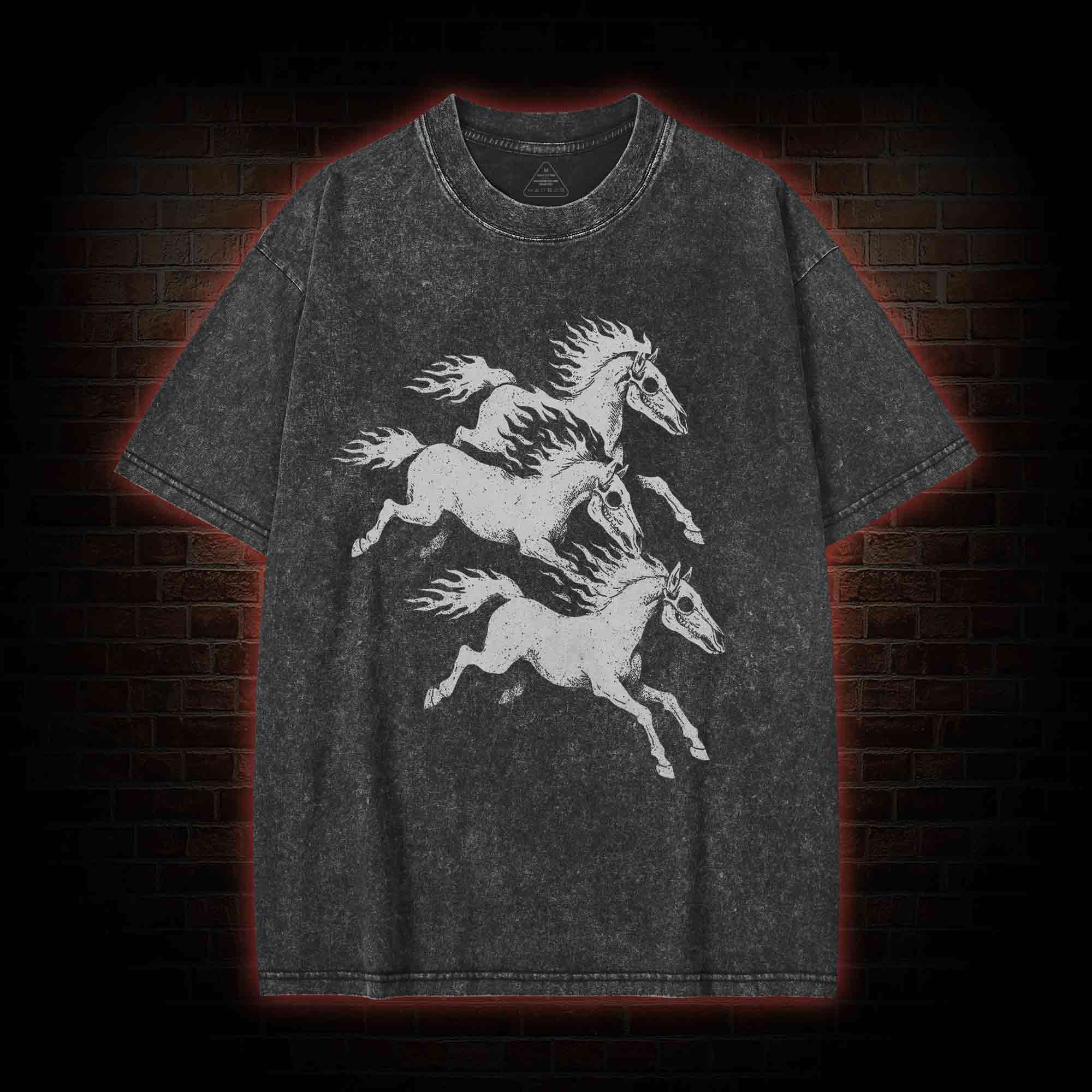 Flaming Skeleton Horses Washed T-shirt