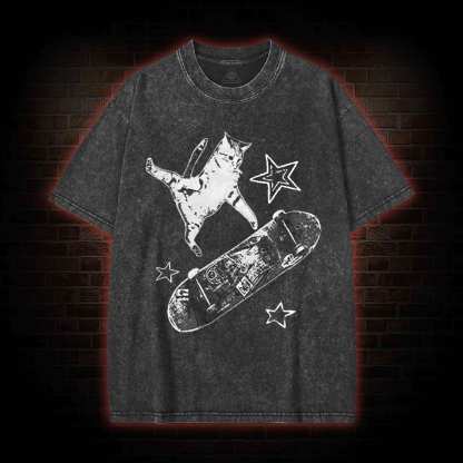 Skateboard Cat Washed T-shirt