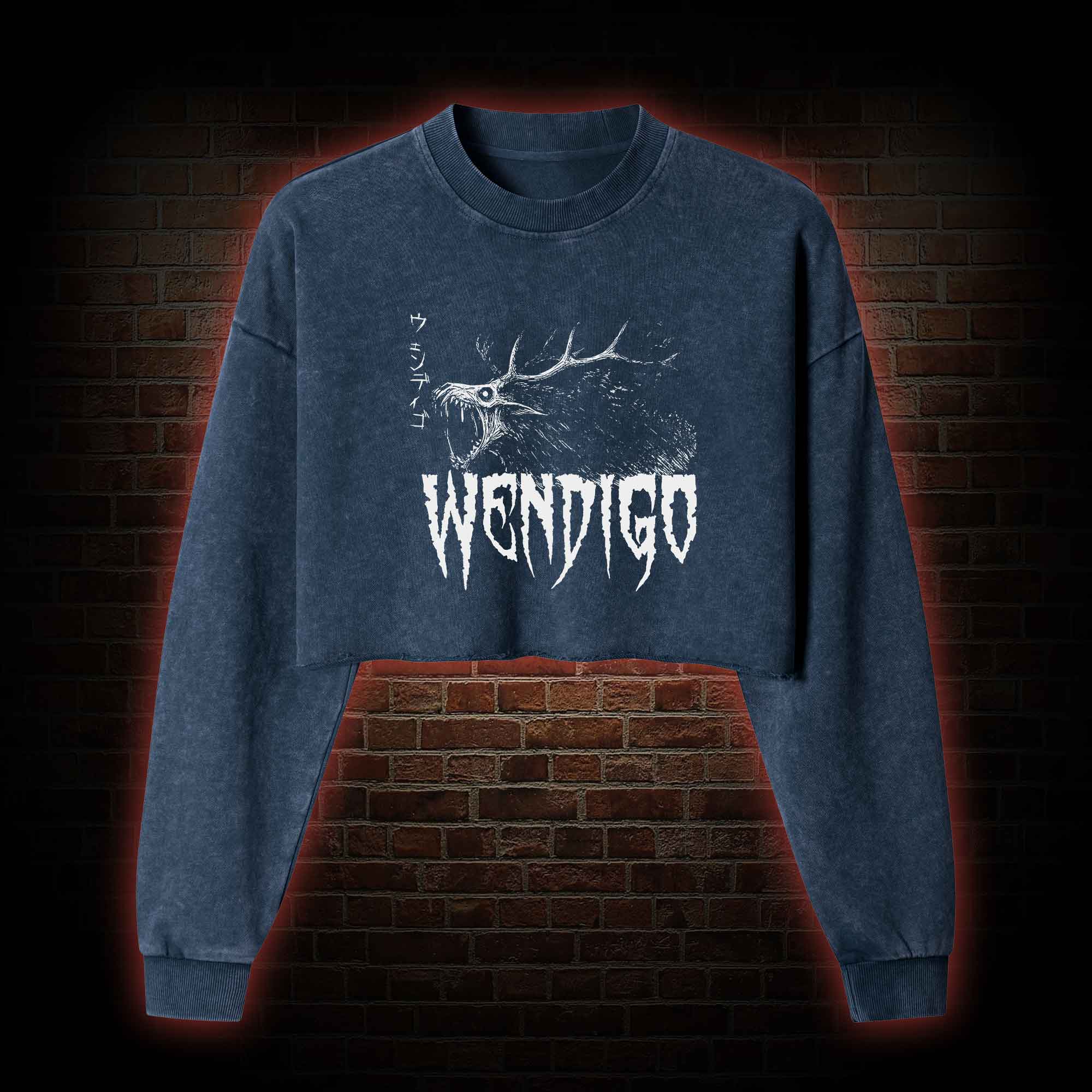 Wendigo Scary Monster Washed Cropped Sweatshirts