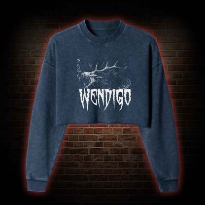 Wendigo Scary Monster Washed Cropped Sweatshirts