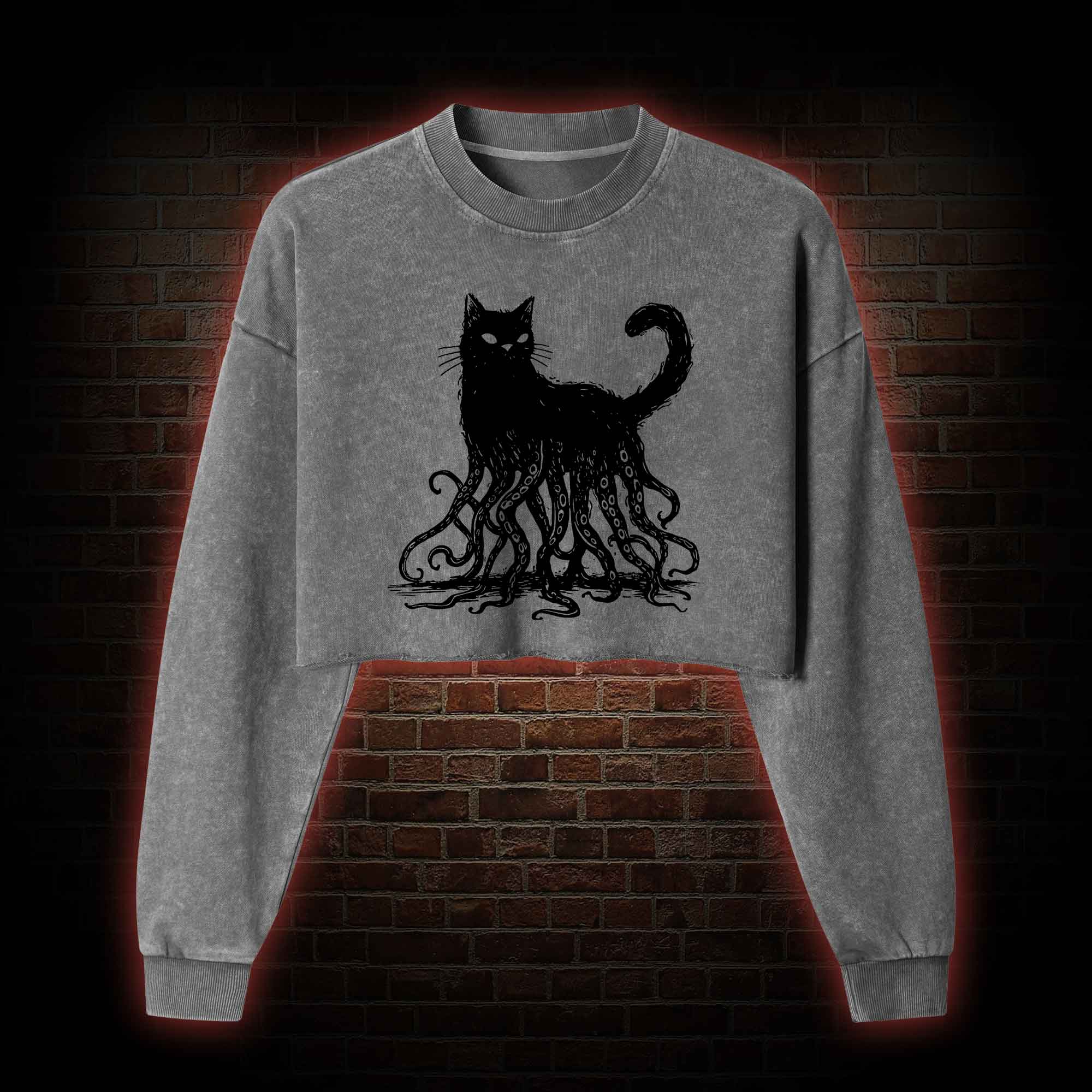 Octopus and Black Cat Washed Cropped Sweatshirts