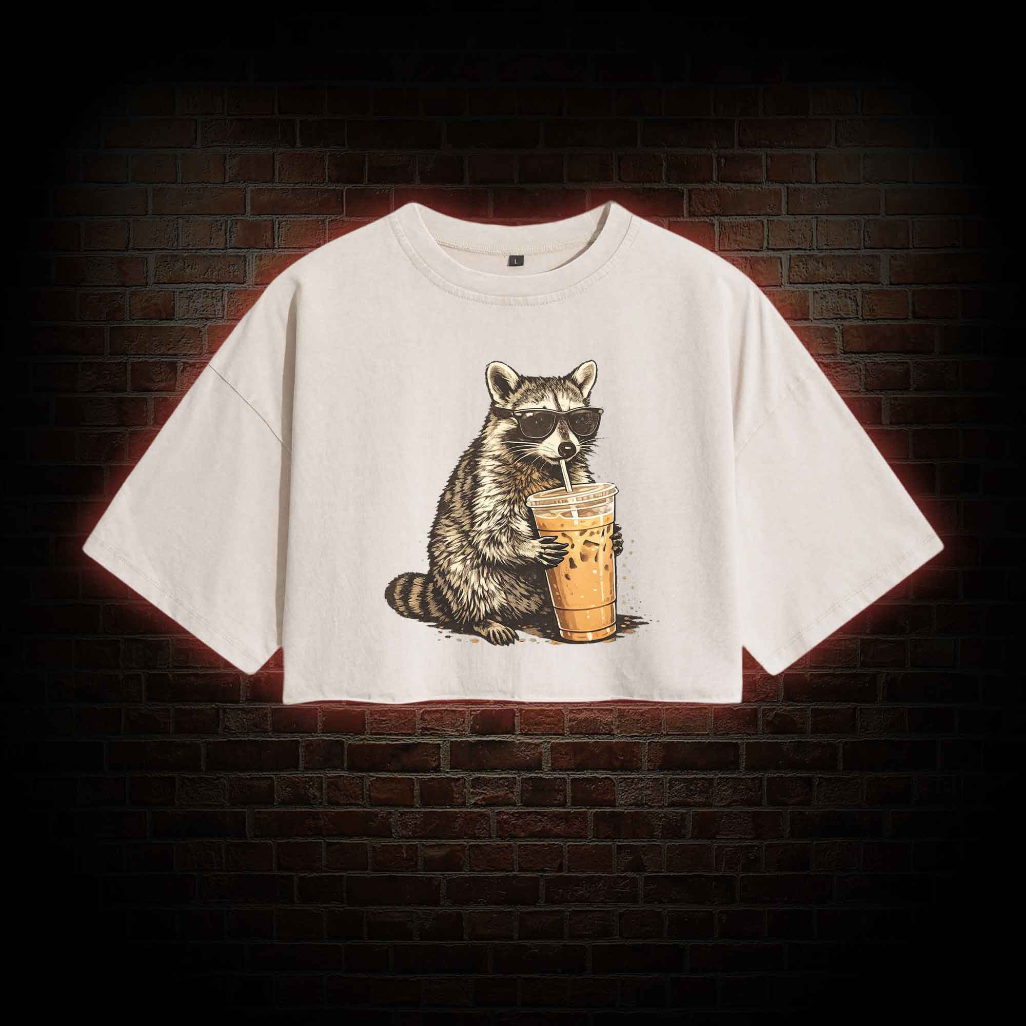 Raccoon Drinking Iced Coffee Washed Cropped T-shirts