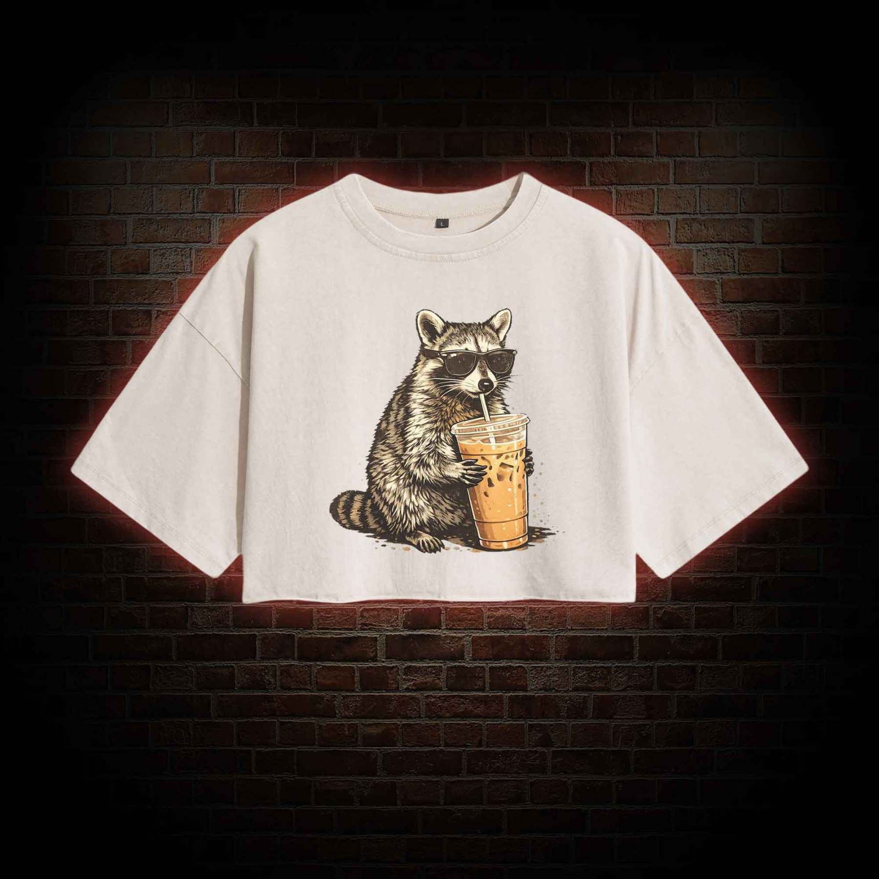 Raccoon Drinking Iced Coffee Washed Cropped T-shirts
