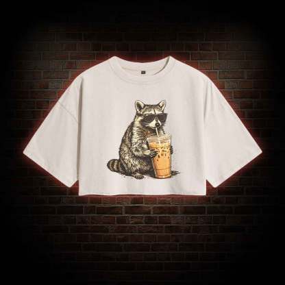 Raccoon Drinking Iced Coffee Washed Cropped T-shirts