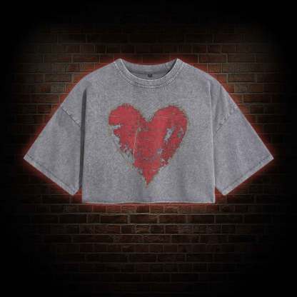 Distressed Heart Washed Cropped T-shirts