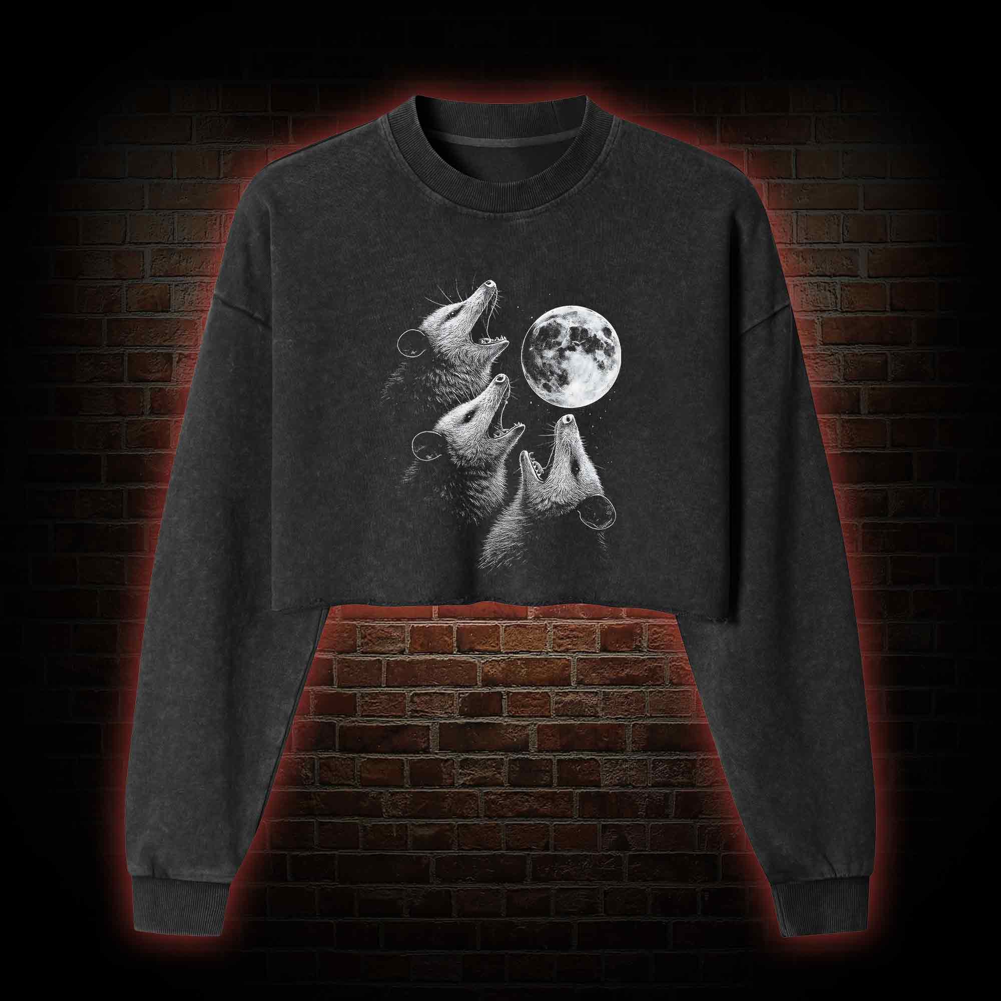 Possums Howling to Moon Washed Cropped Sweatshirts