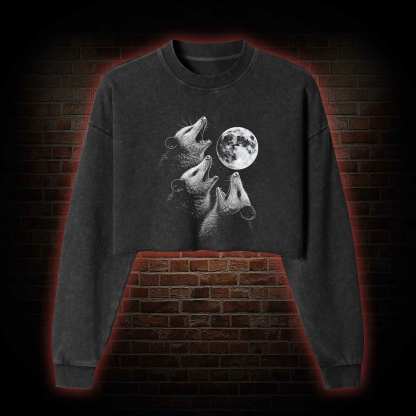 Possums Howling to Moon Washed Cropped Sweatshirts