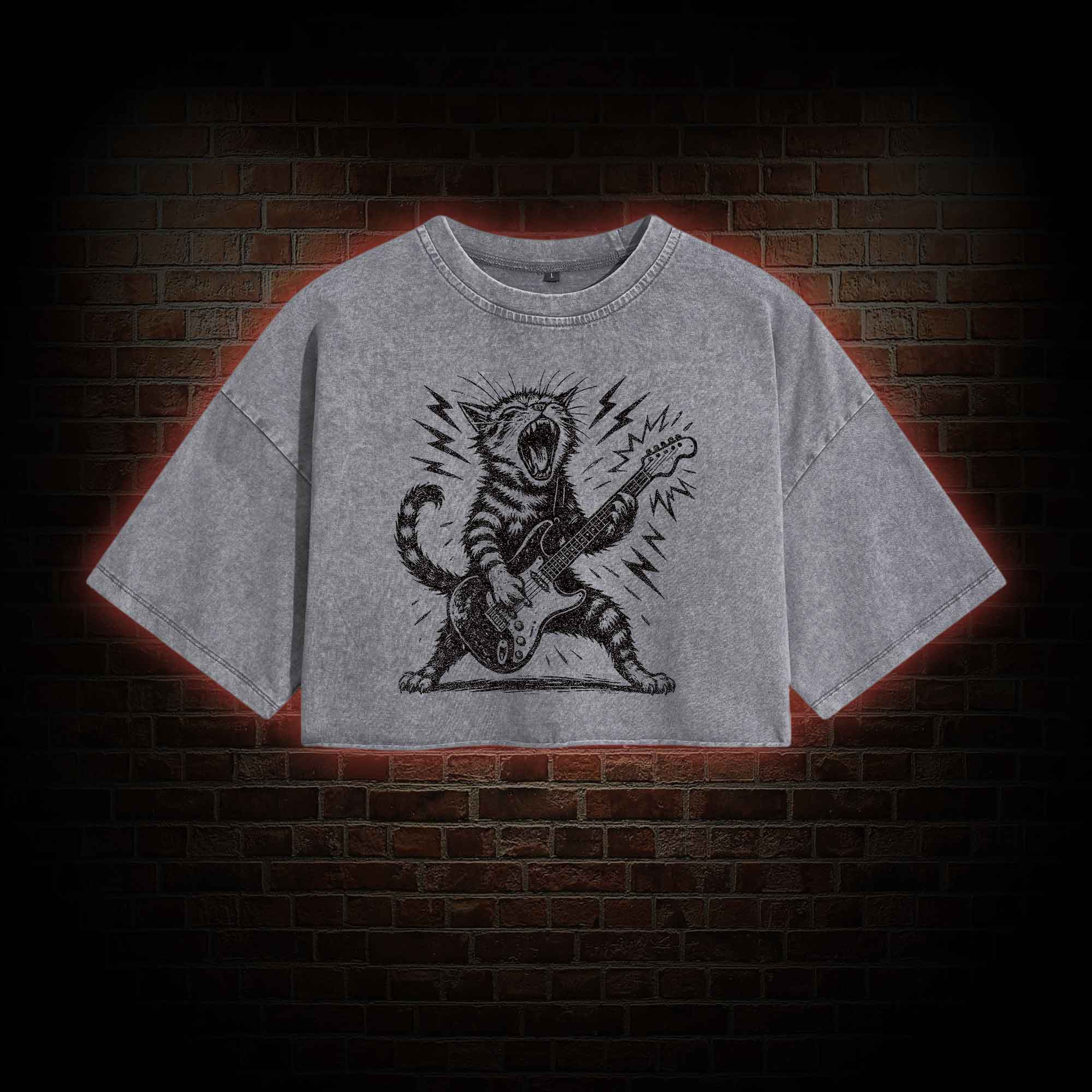 Rock and Roll Cat Washed Cropped T-shirts