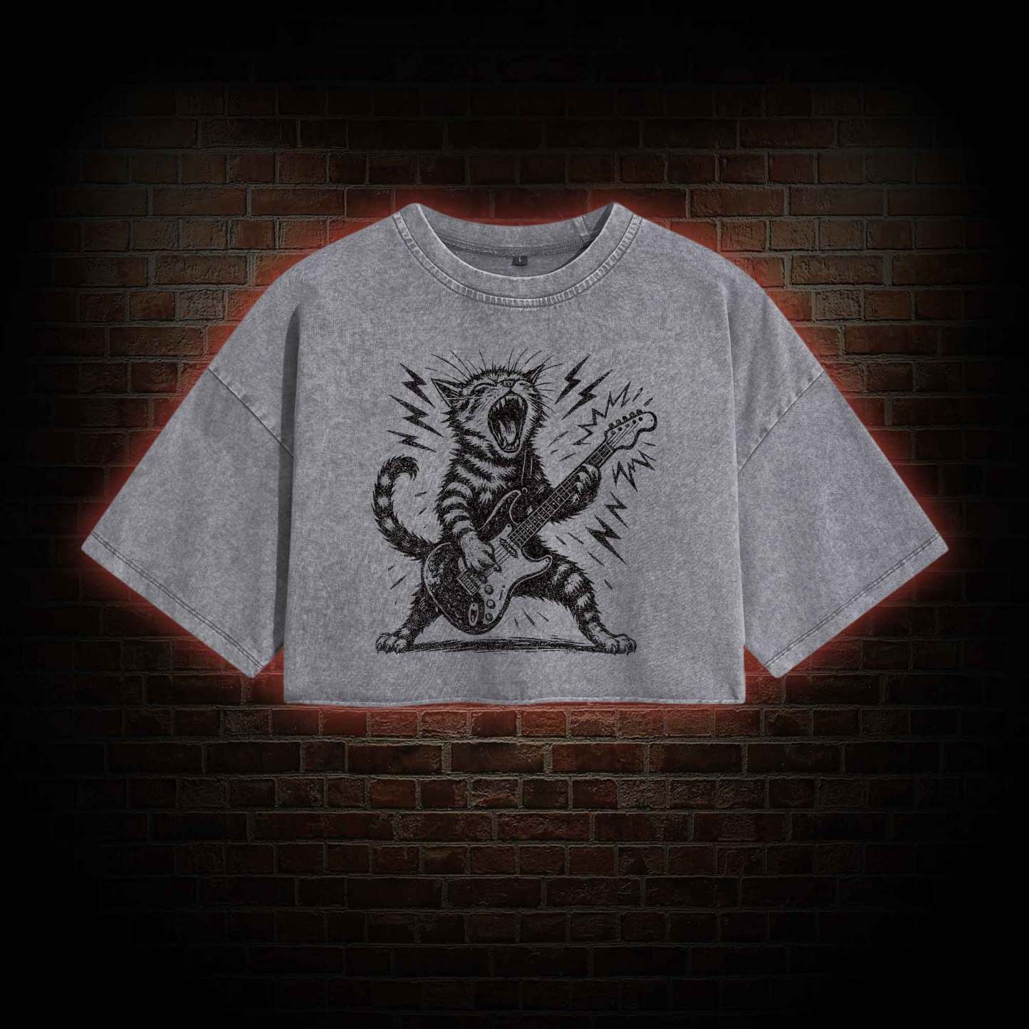 Rock and Roll Cat Washed Cropped T-shirts