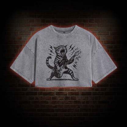 Rock and Roll Cat Washed Cropped T-shirts