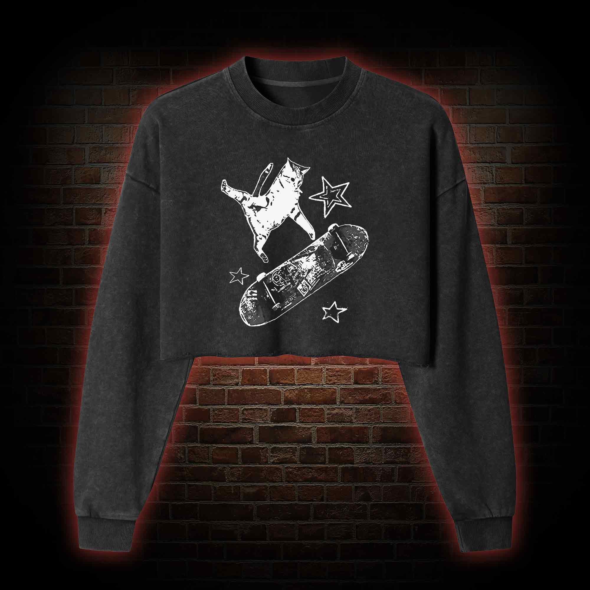 Skateboard Cat Washed Cropped Sweatshirts