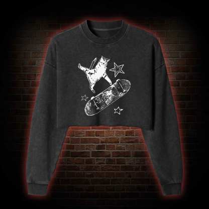 Skateboard Cat Washed Cropped Sweatshirts