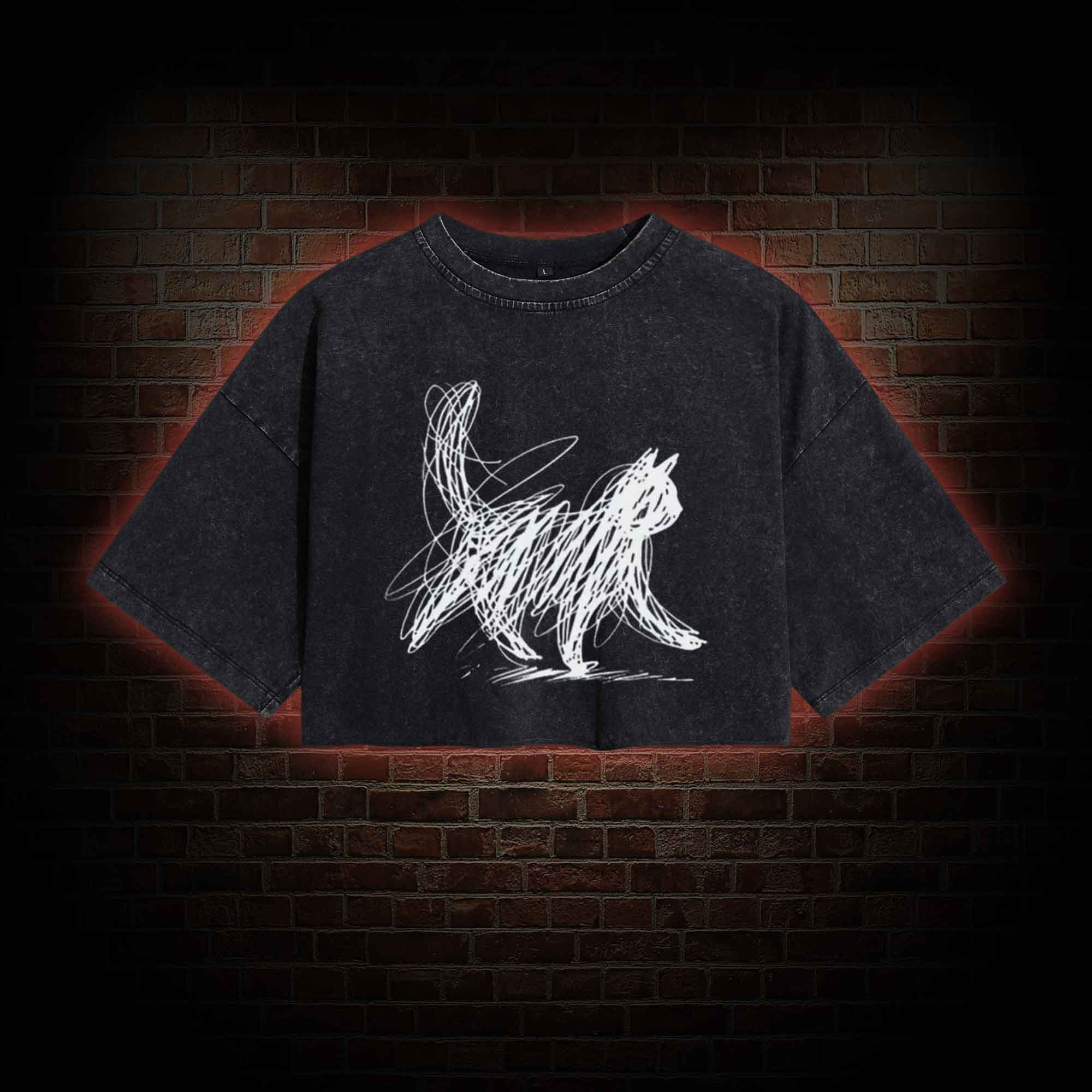 Cat Line Art Washed Cropped T-shirts