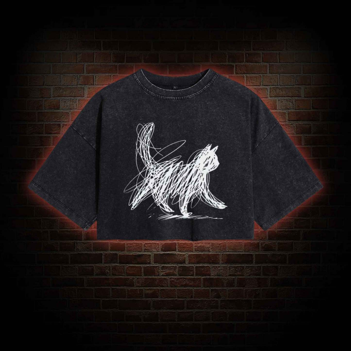 Cat Line Art Washed Cropped T-shirts