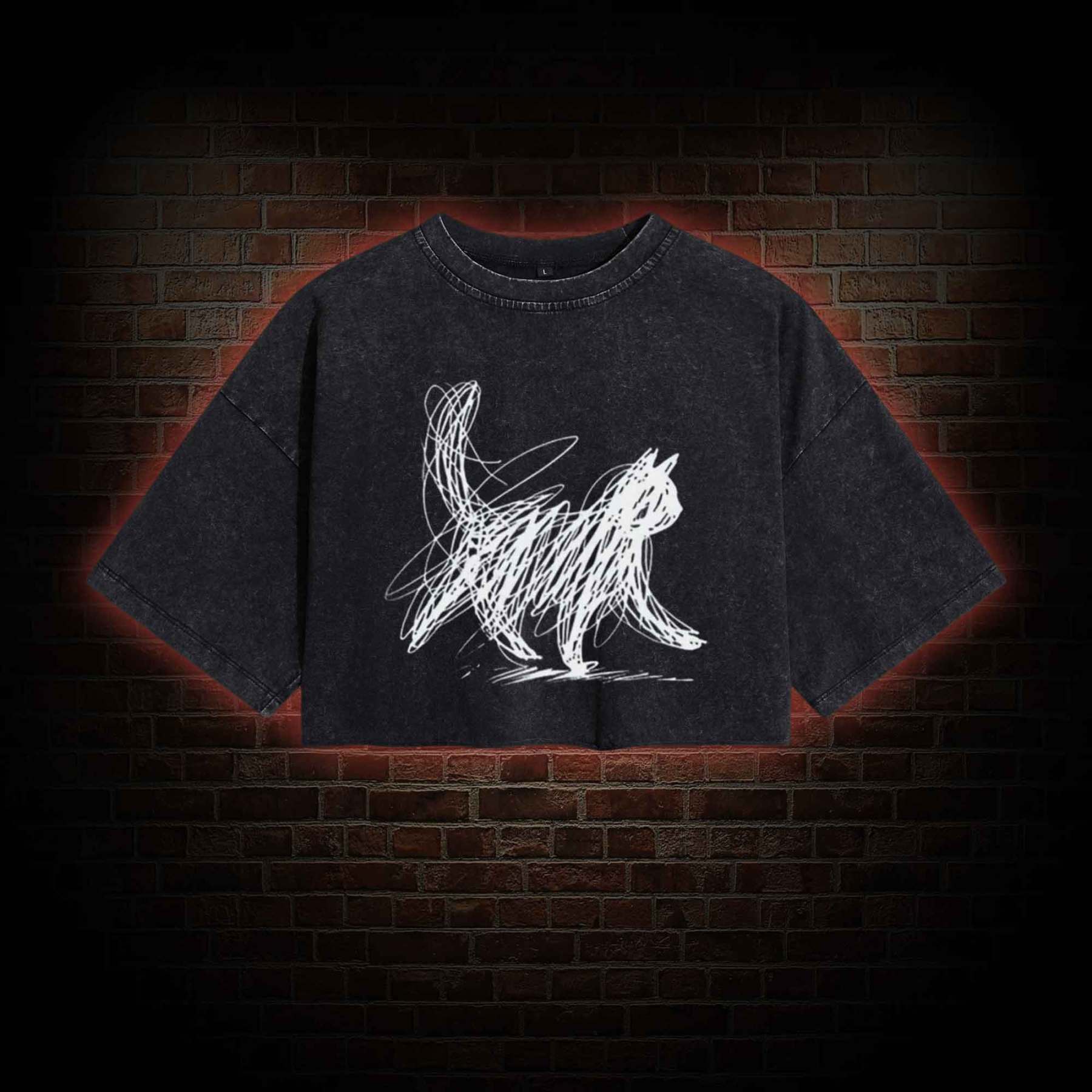 Cat Line Art Washed Cropped T-shirts