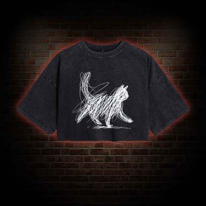 Cat Line Art Washed Cropped T-shirts