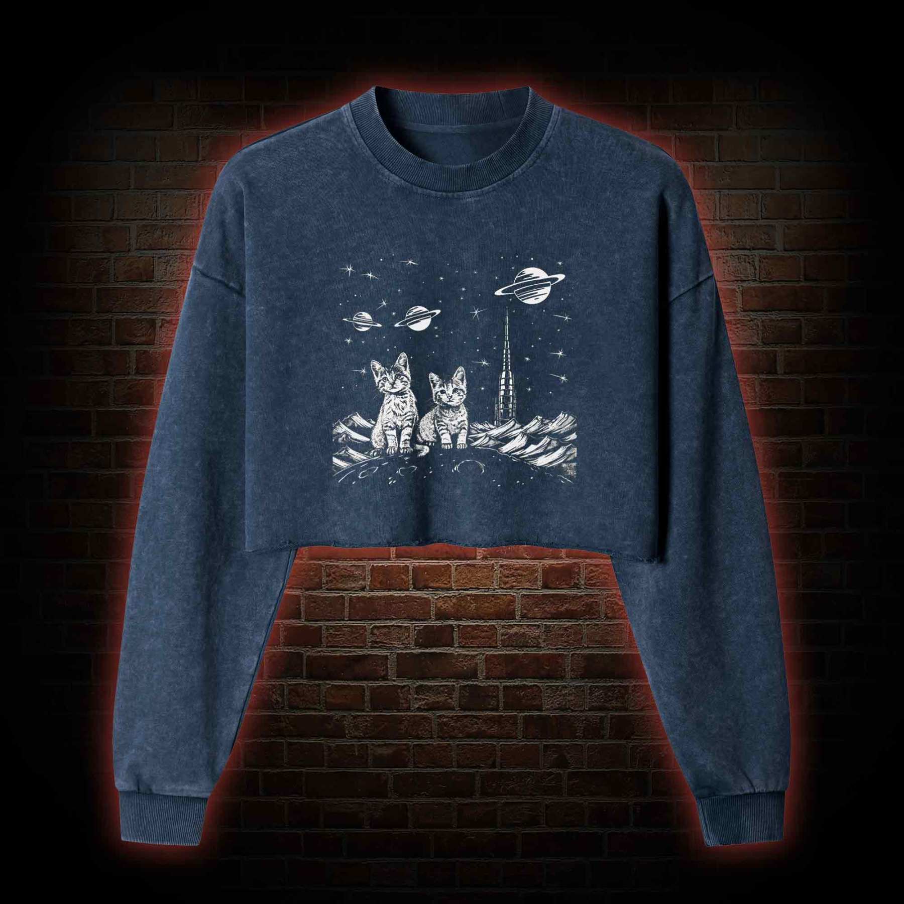 Space Kittens Washed Cropped Sweatshirts