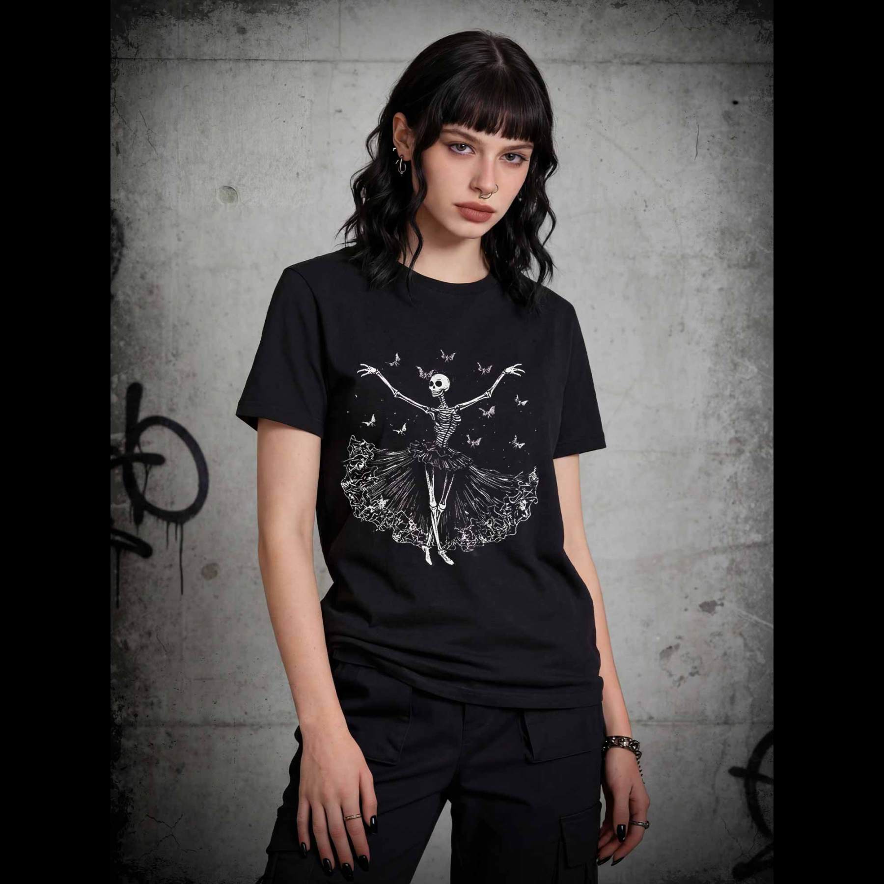 Floral Ballerina with Bats Skeleton T-shirt