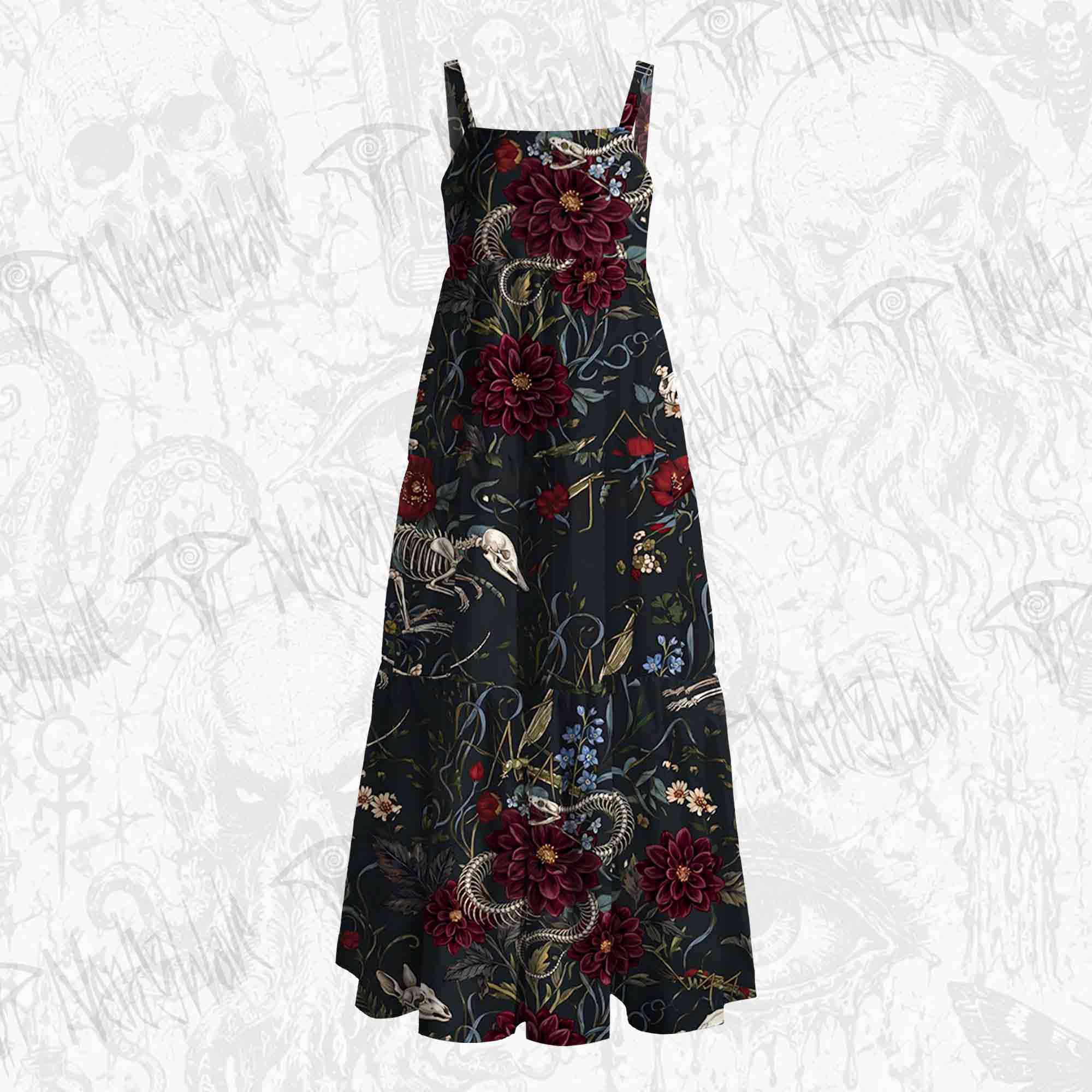 Animal Skeletons and Red Flowers Wide Straps Maxi Dress
