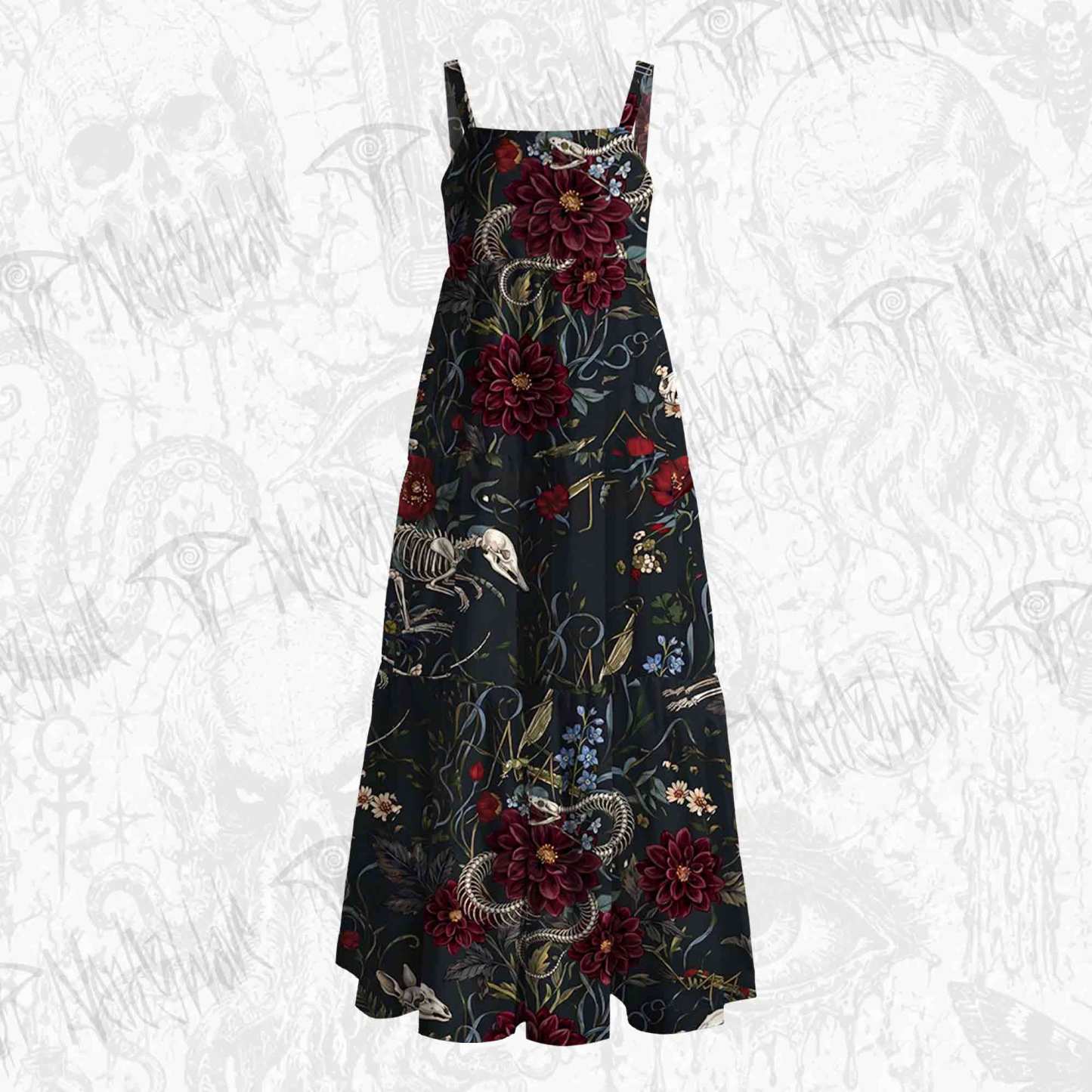 Animal Skeletons and Red Flowers Wide Straps Maxi Dress
