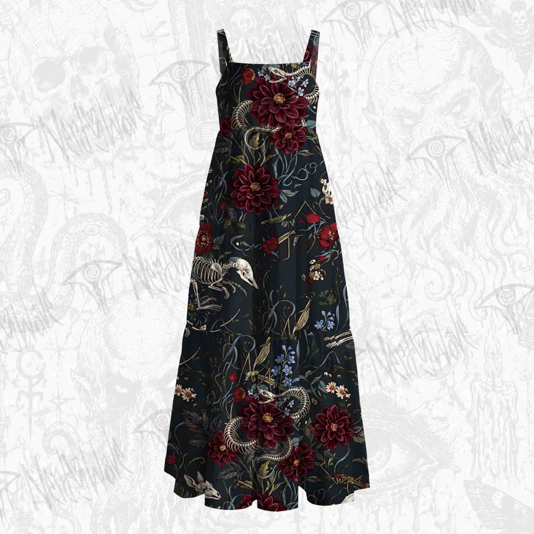 Animal Skeletons and Red Flowers Wide Straps Maxi Dress