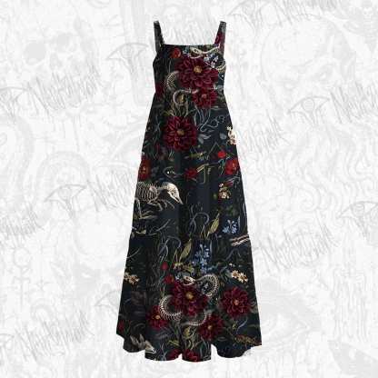 Animal Skeletons and Red Flowers Wide Straps Maxi Dress