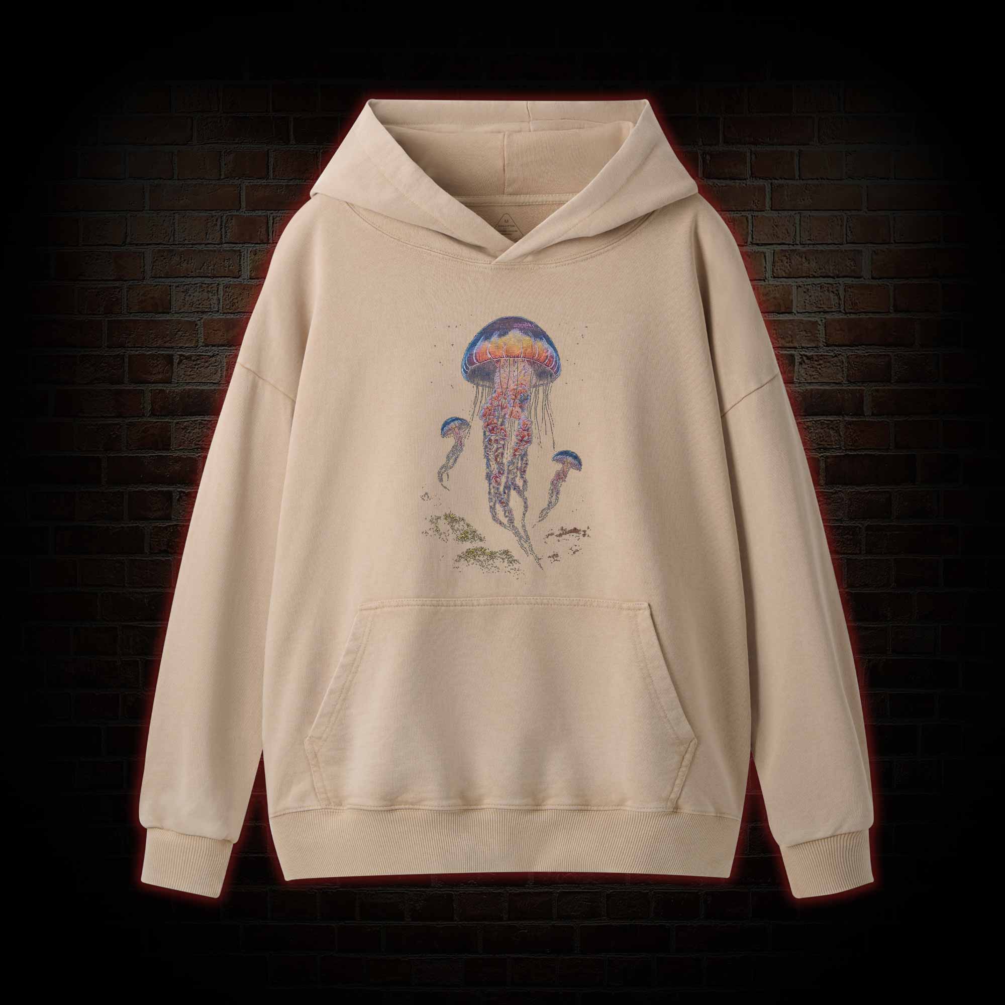 Vintage Jellyfish Dark Ocean Grunge Washed Hoodie