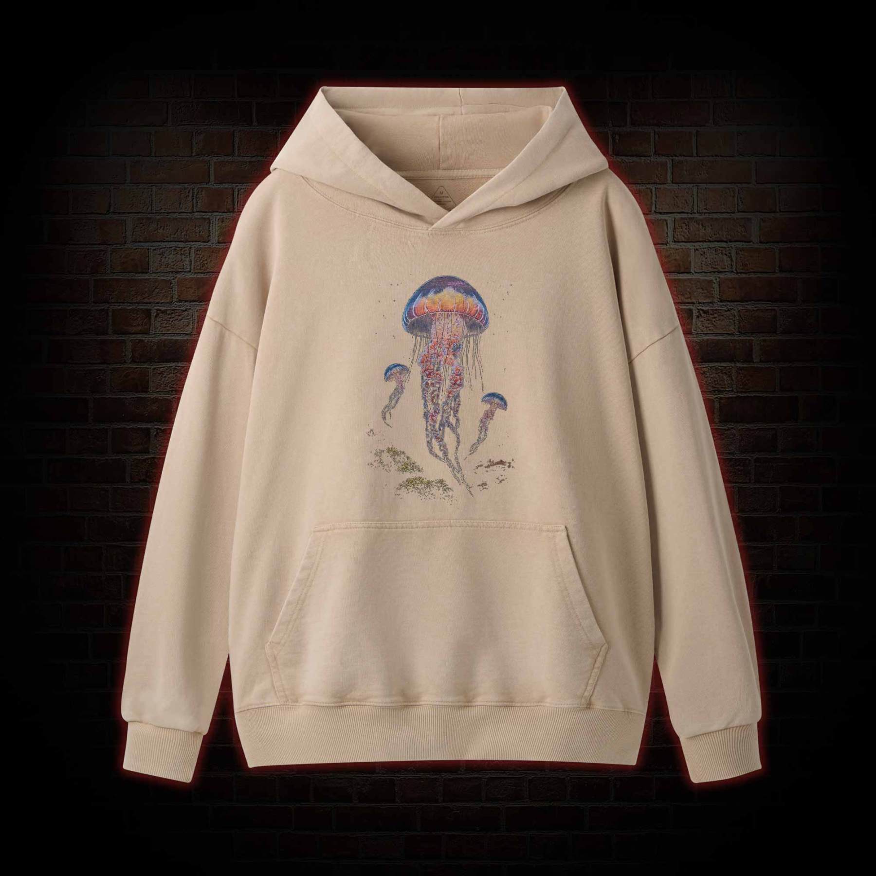 Vintage Jellyfish Dark Ocean Grunge Washed Hoodie