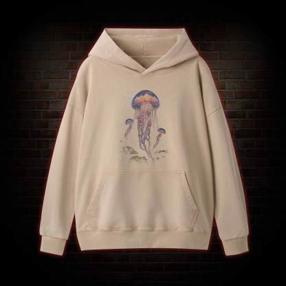 Vintage Jellyfish Dark Ocean Grunge Washed Hoodie
