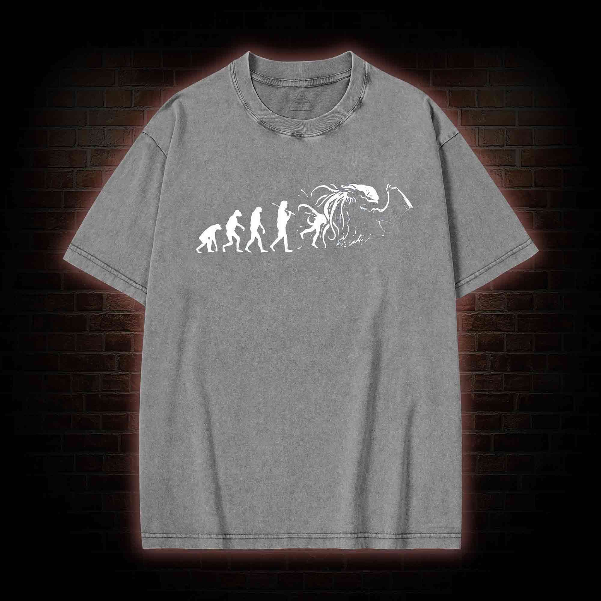 Mens Evolution of Cthulhu Funny Parody Washed T-shirt