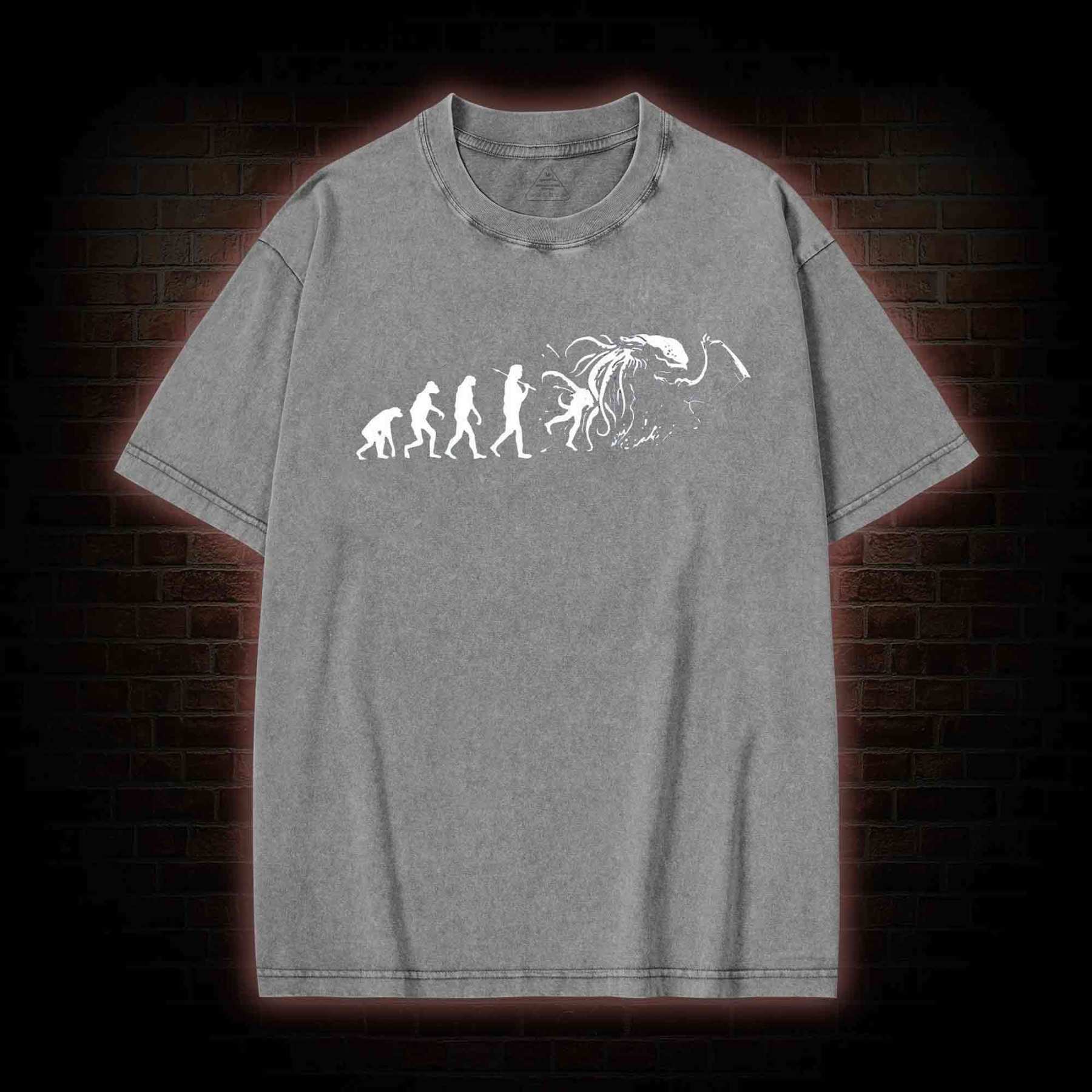 Mens Evolution of Cthulhu Funny Parody Washed T-shirt