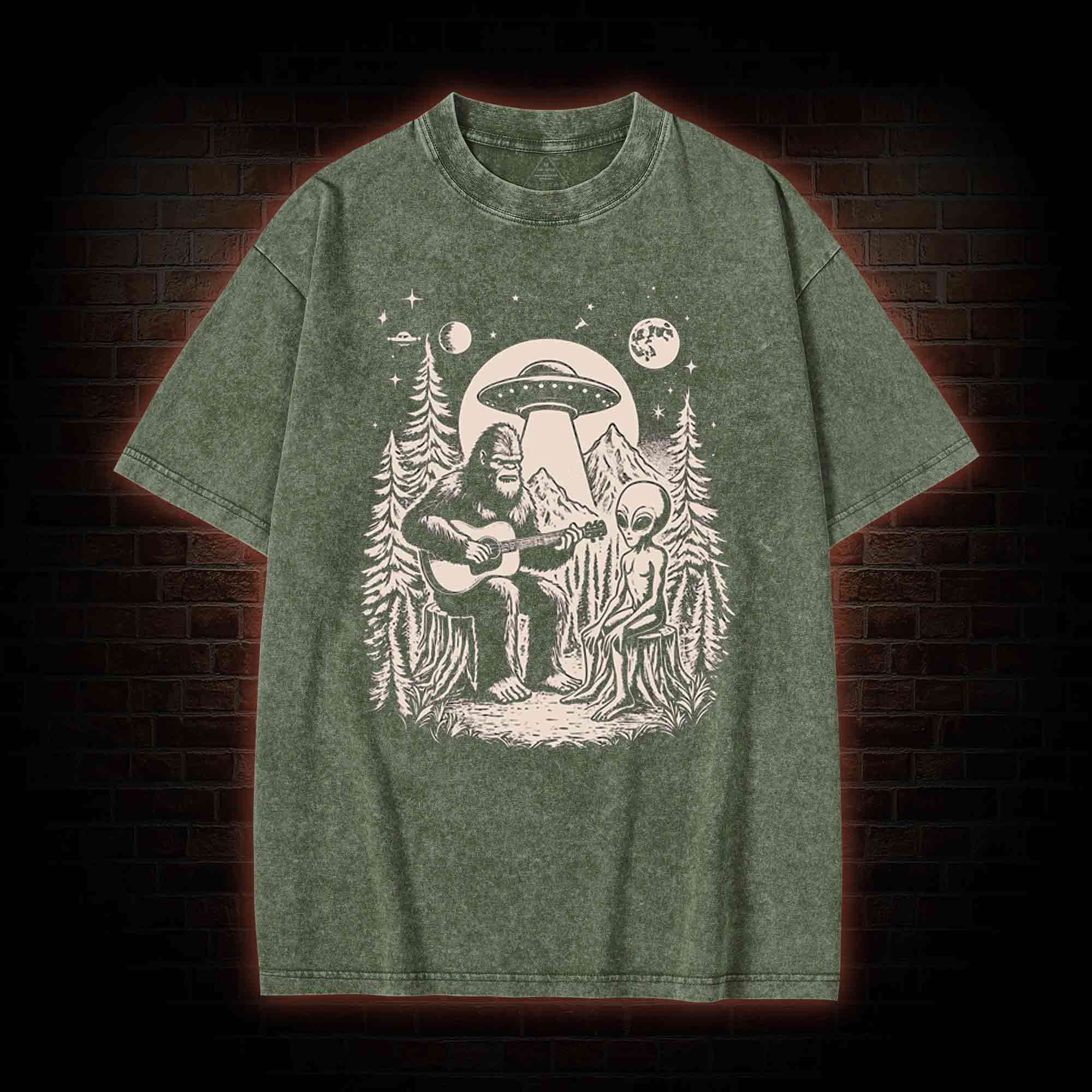Bigfoot Playing Guitar With Alien and UFO Washed T-shirt