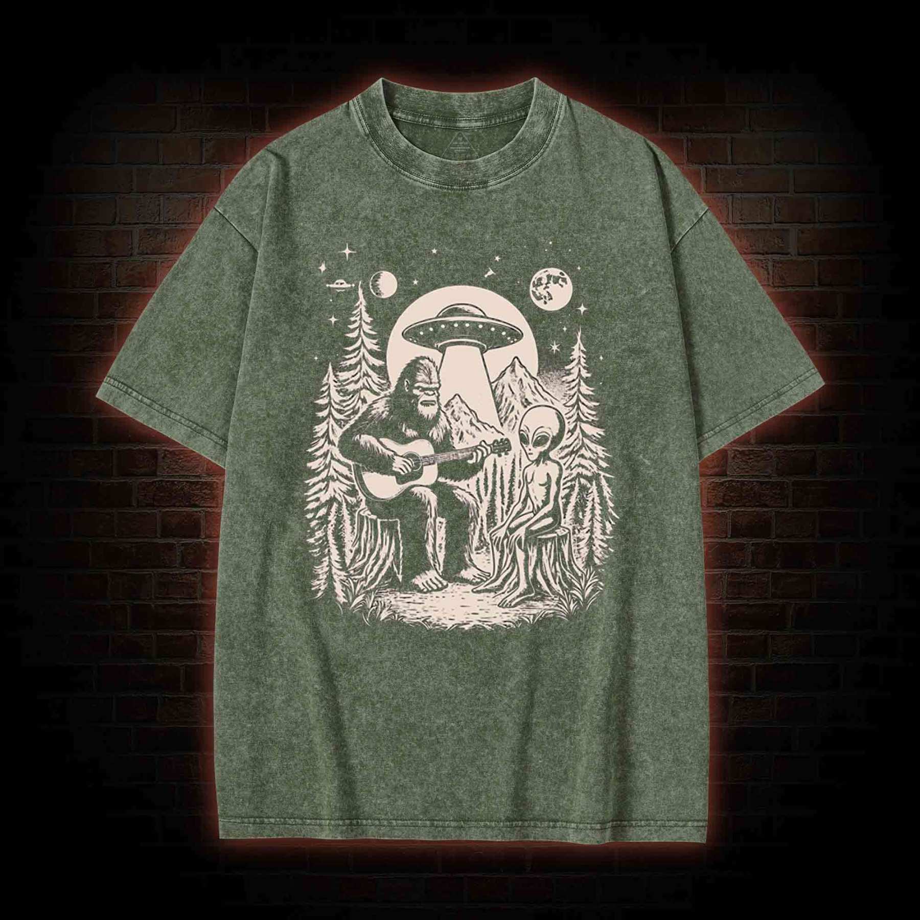 Bigfoot Playing Guitar With Alien and UFO Washed T-shirt
