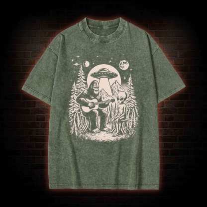 Bigfoot Playing Guitar With Alien and UFO Washed T-shirt